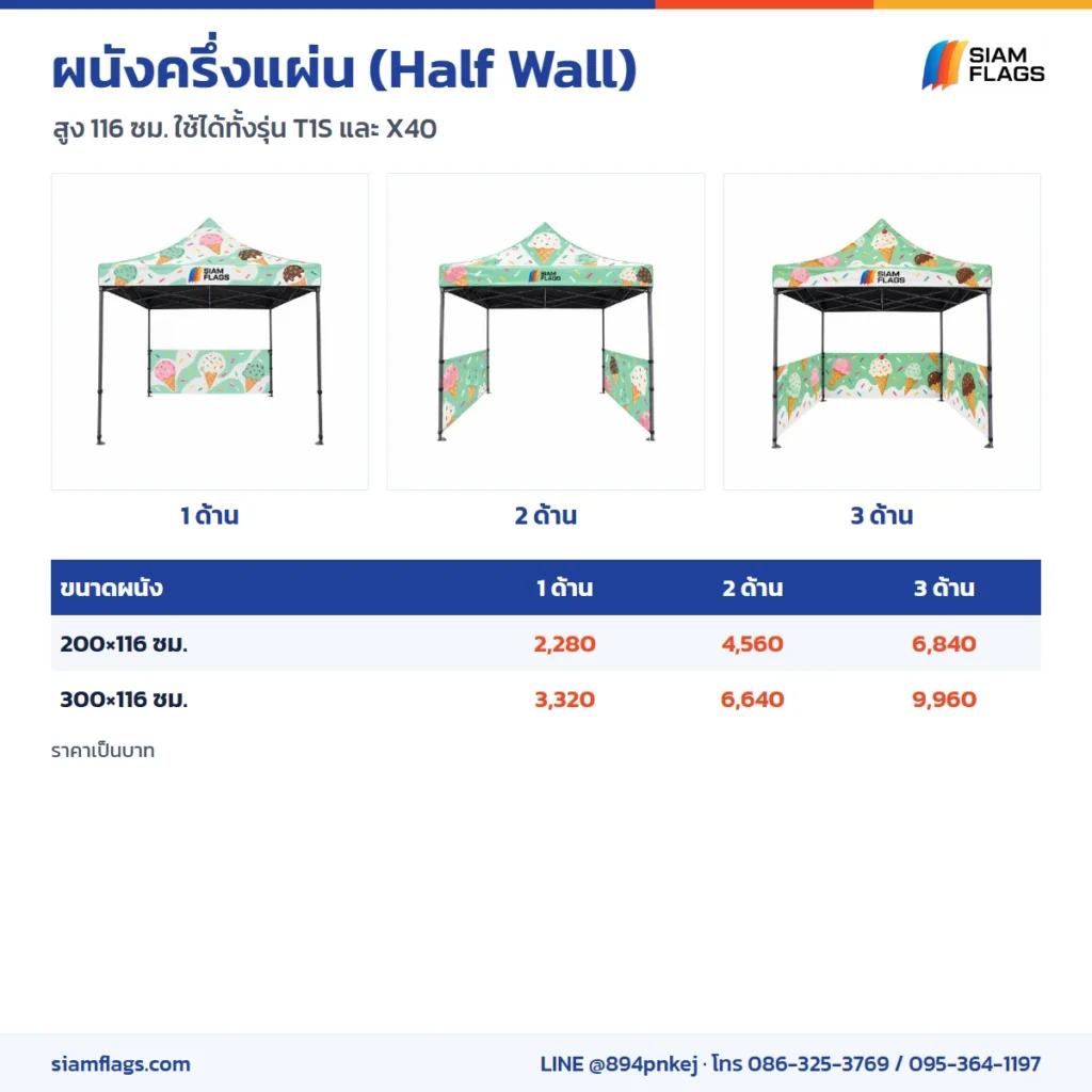ผนังครึ่งแผ่นเต็นท์พับ 1 2 และ 3 ด้าน พร้อมราคา
